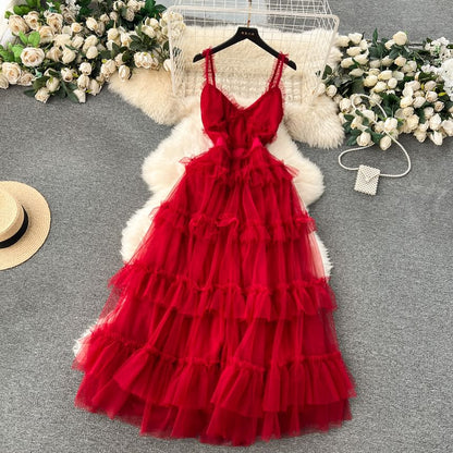 Frill Trim Tiered Open Back Mesh A-Line Maxi Dress
