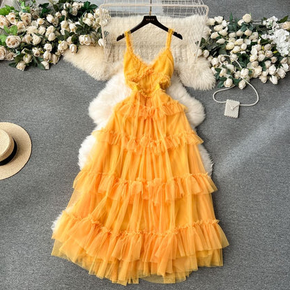 Frill Trim Tiered Open Back Mesh A-Line Maxi Dress