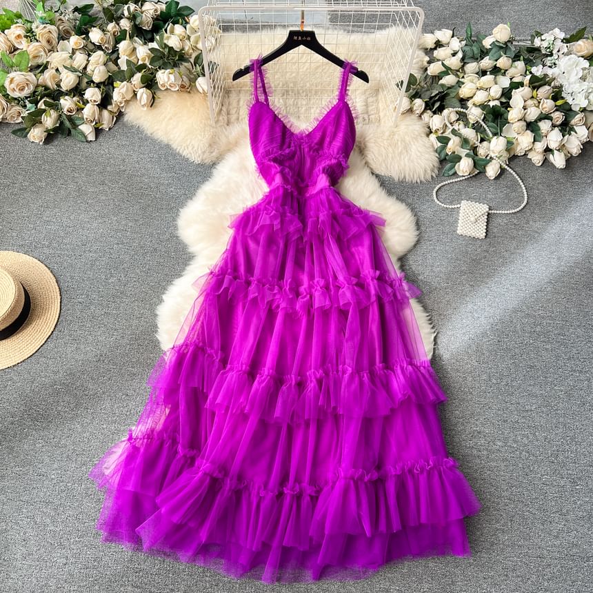 Frill Trim Tiered Open Back Mesh A-Line Maxi Dress