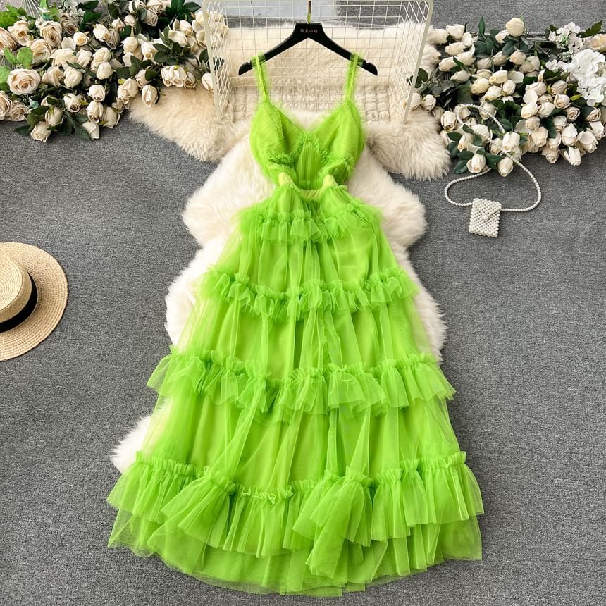 Frill Trim Tiered Open Back Mesh A-Line Maxi Dress