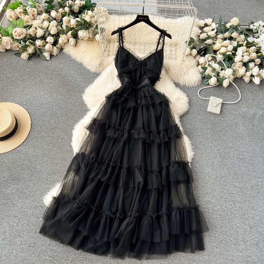 Frill Trim Tiered Open Back Mesh A-Line Maxi Dress