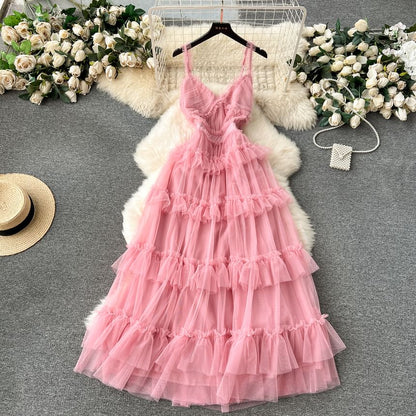 Frill Trim Tiered Open Back Mesh A-Line Maxi Dress