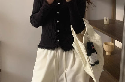 Long-Sleeve V-Neck Fringed Button Ribbed Knit Top