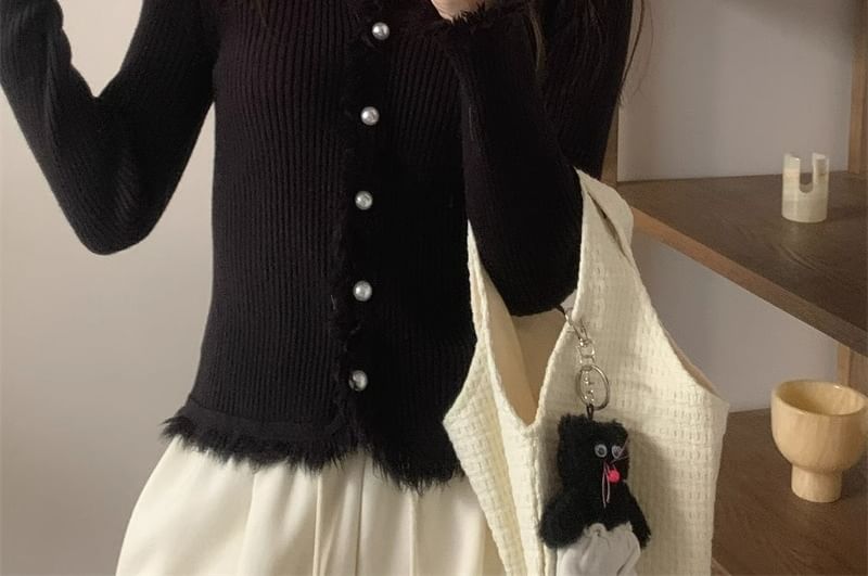 Long-Sleeve V-Neck Fringed Button Ribbed Knit Top