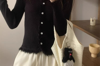 Long-Sleeve V-Neck Fringed Button Ribbed Knit Top