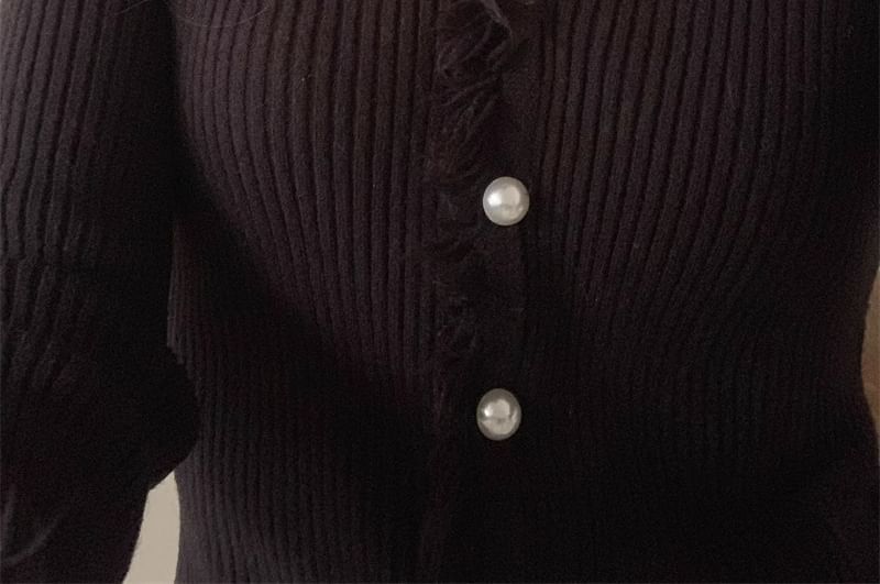 Long-Sleeve V-Neck Fringed Button Ribbed Knit Top