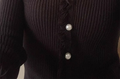 Long-Sleeve V-Neck Fringed Button Ribbed Knit Top