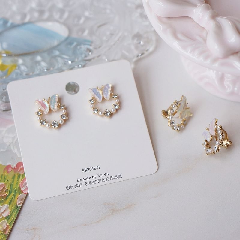 Faux Rhinestone Stud Alloy Butterfly Pearl Earring