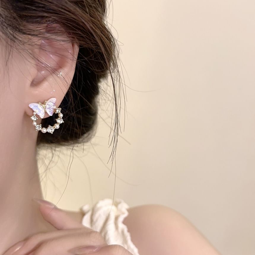 Faux Rhinestone Stud Alloy Butterfly Pearl Earring