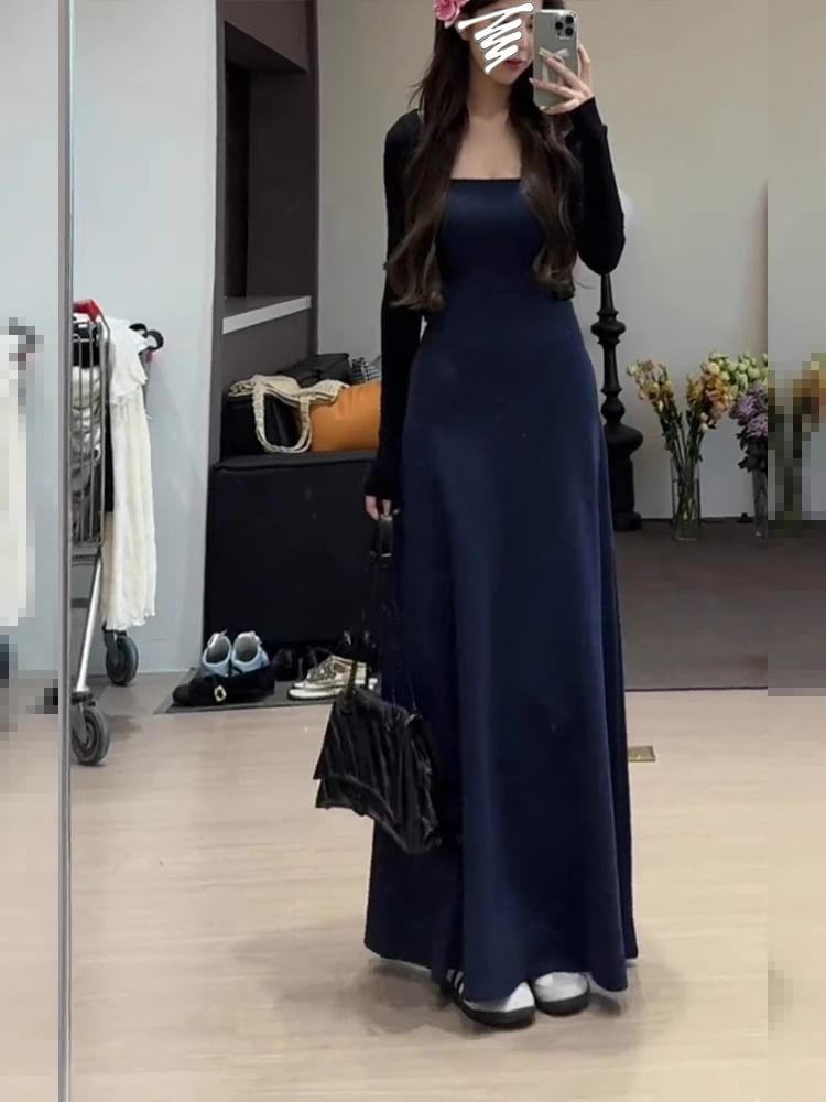 Sleeveless Square Neck Plain Maxi A-Line Dress