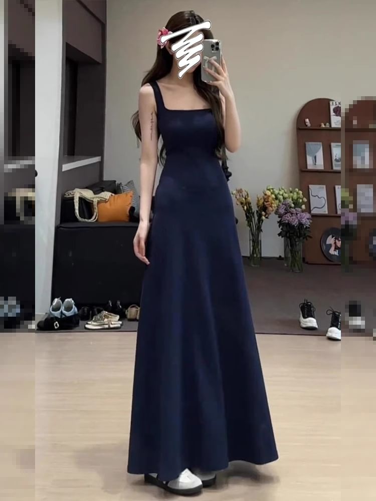 Sleeveless Square Neck Plain Maxi A-Line Dress