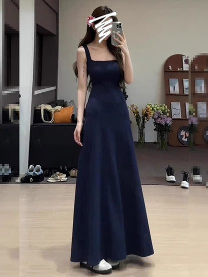 Sleeveless Square Neck Plain Maxi A-Line Dress