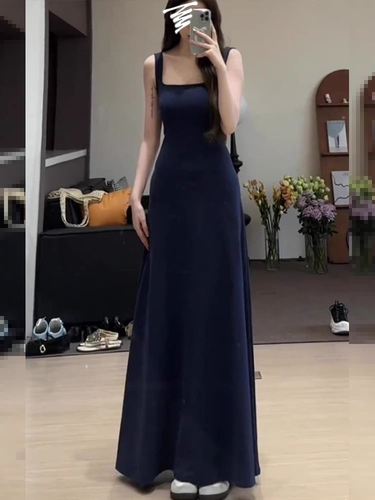 Sleeveless Square Neck Plain Maxi A-Line Dress