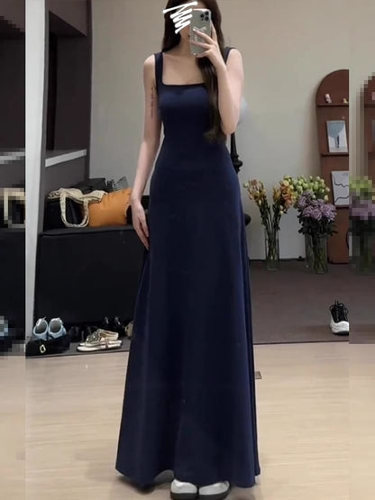 Sleeveless Square Neck Plain Maxi A-Line Dress
