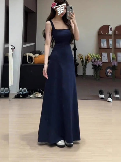 Sleeveless Square Neck Plain Maxi A-Line Dress