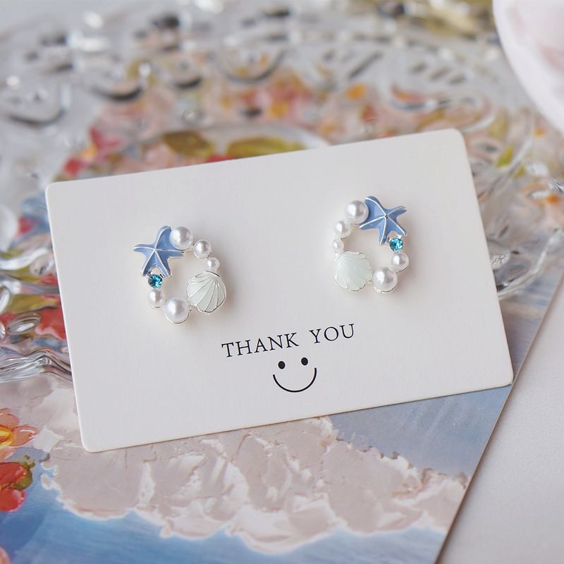 Shell Alloy Faux Pearl Starfish Stud Earring