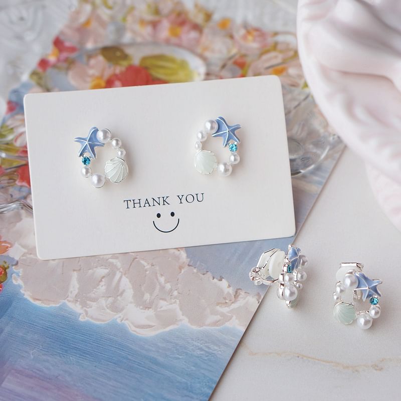 Shell Alloy Faux Pearl Starfish Stud Earring