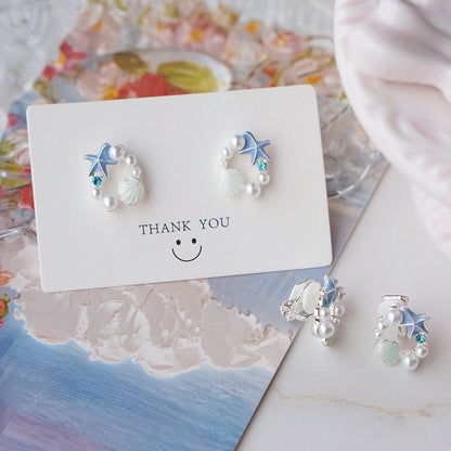 Shell Alloy Faux Pearl Starfish Stud Earring