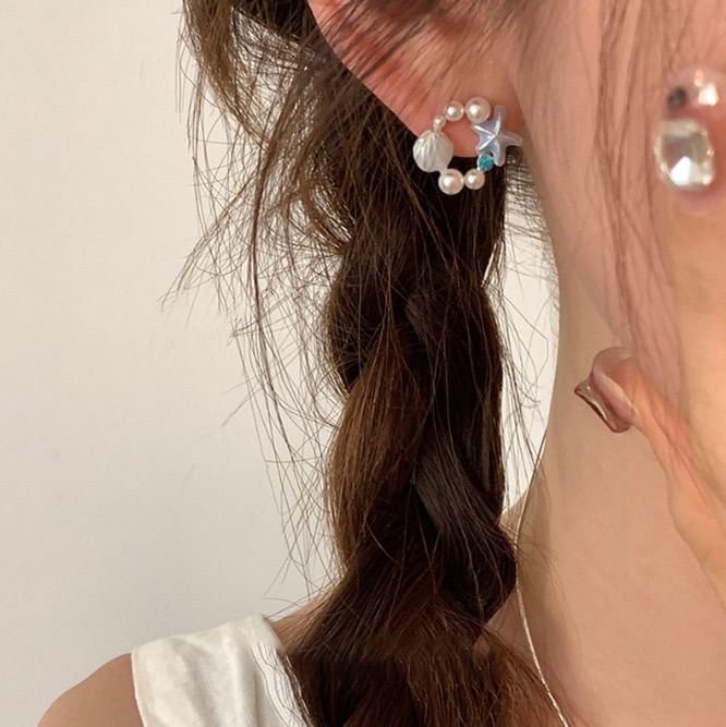 Shell Alloy Faux Pearl Starfish Stud Earring