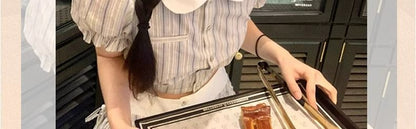 Puff Sleeve Contrast Collar Striped Blouse / High Rise Midi A-Line Skirt / Set