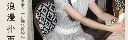 Puff Sleeve Contrast Collar Striped Blouse / High Rise Midi A-Line Skirt / Set