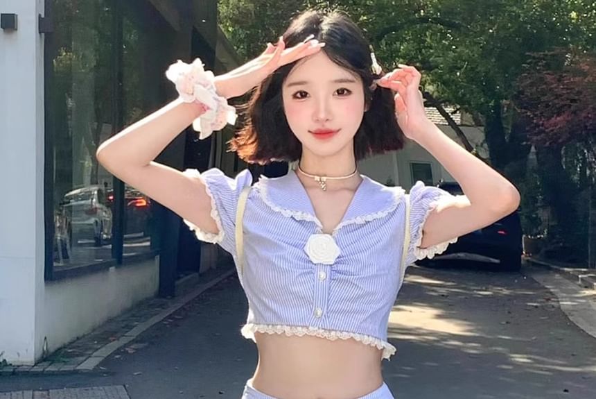 Set: Short-Sleeve Collared Flower Detail Ruched Crop Blouse + High Rise Ruffle Midi A-Line Skirt