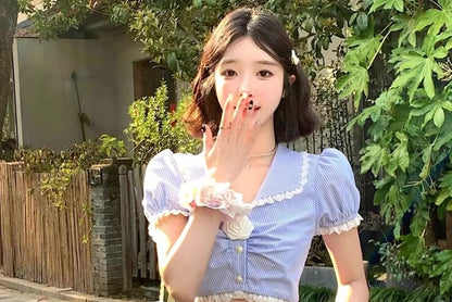 Set: Short-Sleeve Collared Flower Detail Ruched Crop Blouse + High Rise Ruffle Midi A-Line Skirt