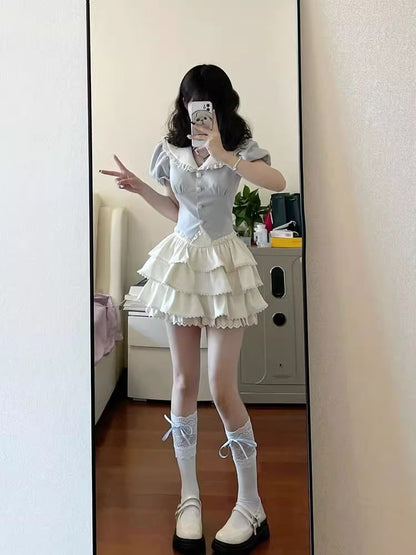 Puff Sleeve Contrast Collar Lace Trim Blouse / High Waist Plain Ruffle Tiered Mini A-Line Skirt / Set