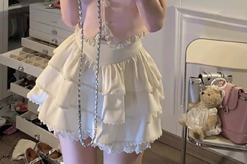 Puff Sleeve Contrast Collar Lace Trim Blouse / High Waist Plain Ruffle Tiered Mini A-Line Skirt / Set
