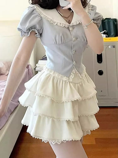Puff Sleeve Contrast Collar Lace Trim Blouse / High Waist Plain Ruffle Tiered Mini A-Line Skirt / Set