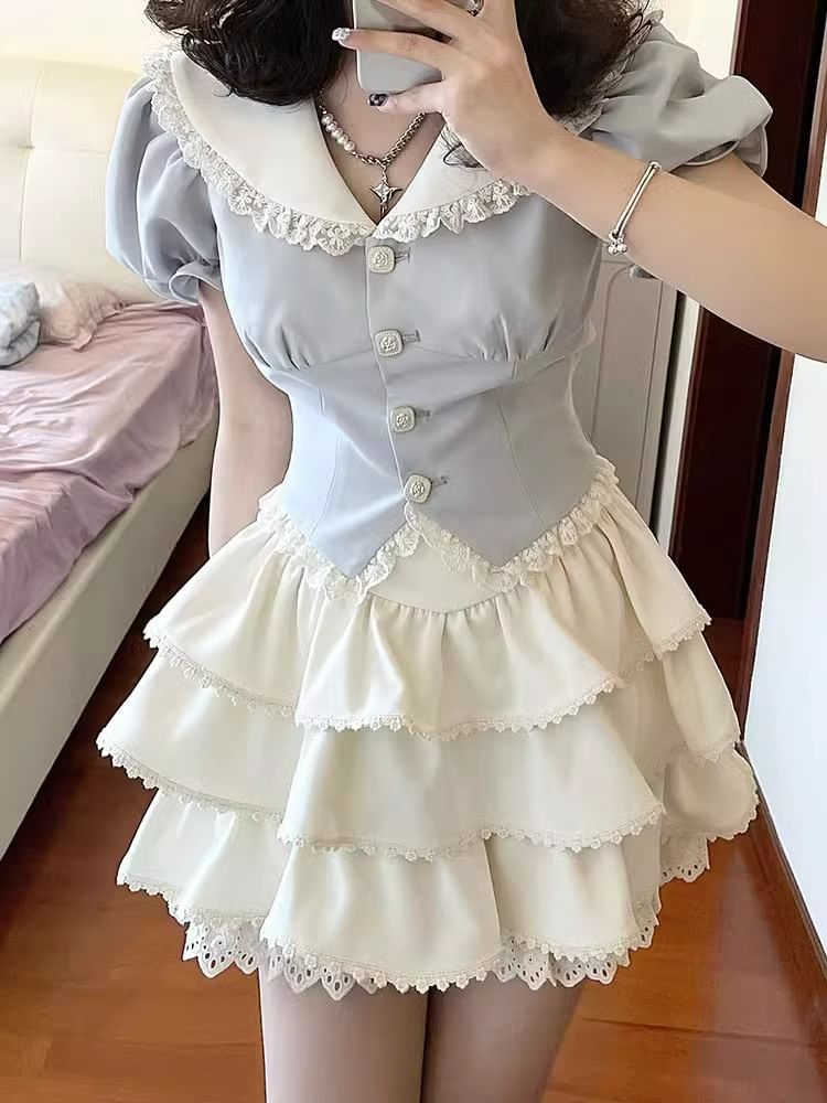 Puff Sleeve Contrast Collar Lace Trim Blouse / High Waist Plain Ruffle Tiered Mini A-Line Skirt / Set
