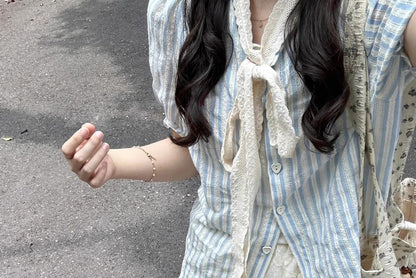 Short-Sleeve Striped Shirt / High Rise Lace Mini A-Line Skirt