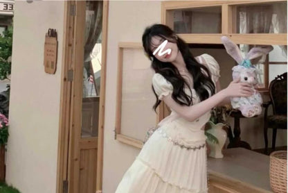 Set: Puff-Sleeve Plain Crop Top + High Waist Ruffle Maxi A-Line Skirt