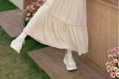 Set: Puff-Sleeve Plain Crop Top + High Waist Ruffle Maxi A-Line Skirt