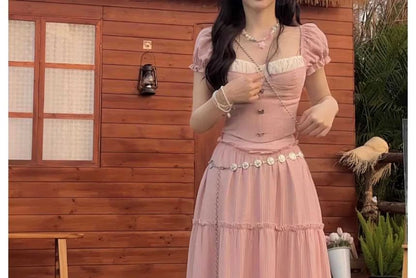 Set: Puff-Sleeve Plain Crop Top + High Waist Ruffle Maxi A-Line Skirt