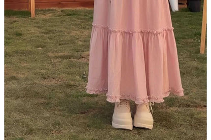 Set: Puff-Sleeve Plain Crop Top + High Waist Ruffle Maxi A-Line Skirt