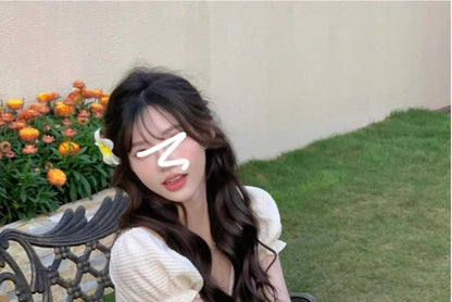 Set: Puff-Sleeve Plain Crop Top + High Waist Ruffle Maxi A-Line Skirt