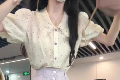 Short-Sleeve Dotted Shirt / High Rise Plain Midi A-Line Skirt / Set