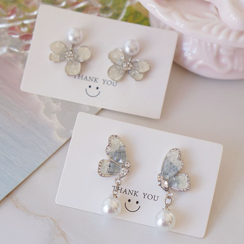 Pearl Crystal Drop / Faux Butterfly Alloy Earring Floral