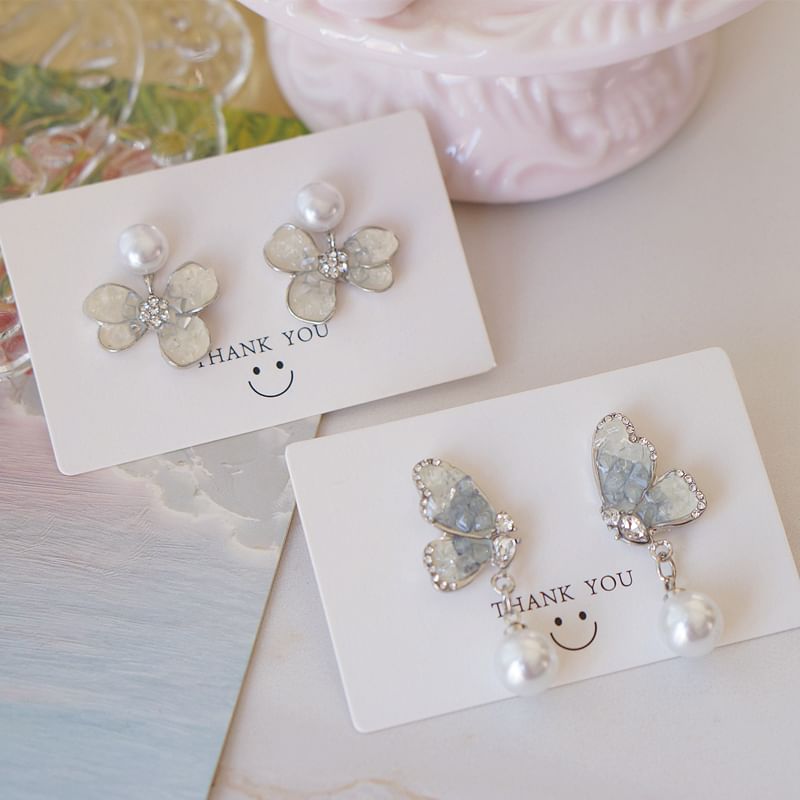 Pearl Crystal Drop / Faux Butterfly Alloy Earring Floral