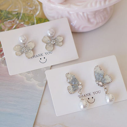 Pearl Crystal Drop / Faux Butterfly Alloy Earring Floral