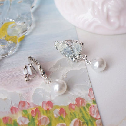 Pearl Crystal Drop / Faux Butterfly Alloy Earring Floral