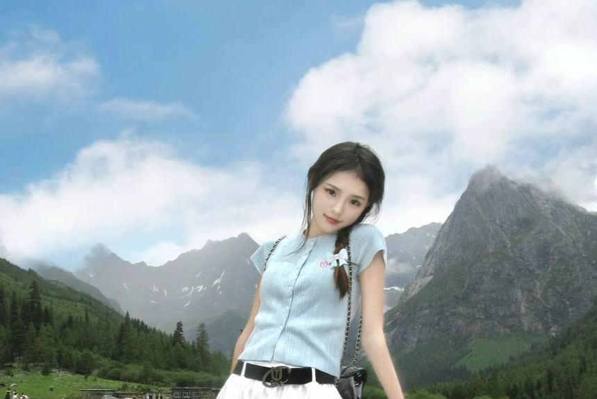 Short-Sleeve Logo Embroidered Striped Tee / High Rise Midi A-Line Skirt / Set