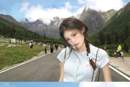 Short-Sleeve Logo Embroidered Striped Tee / High Rise Midi A-Line Skirt / Set