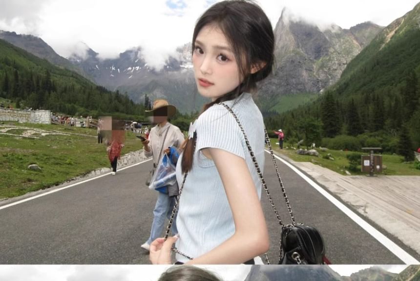 Short-Sleeve Logo Embroidered Striped Tee / High Rise Midi A-Line Skirt / Set