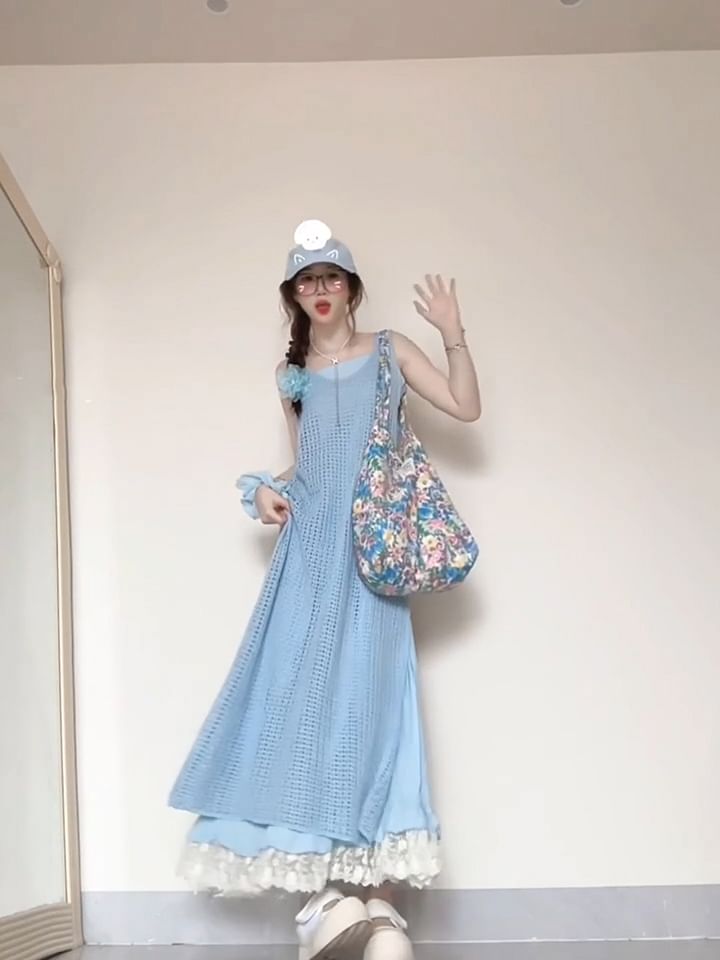 Spaghetti  Strap Lace Trim Midi A-Line Dress / Plaid Jumper Dress / Set