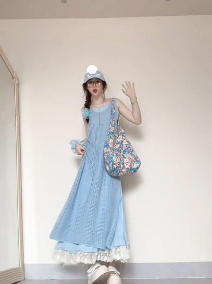 Spaghetti  Strap Lace Trim Midi A-Line Dress / Plaid Jumper Dress / Set