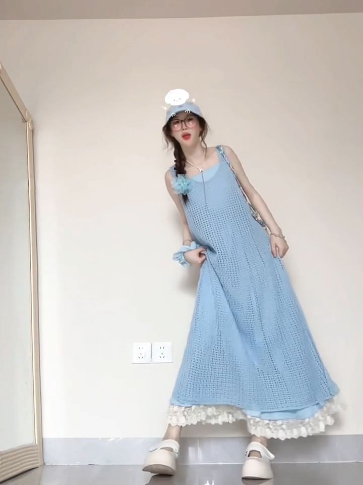 Spaghetti  Strap Lace Trim Midi A-Line Dress / Plaid Jumper Dress / Set