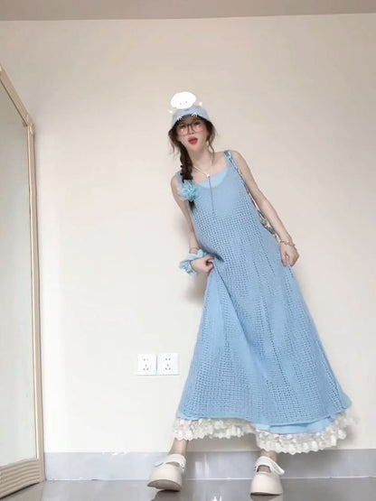 Spaghetti  Strap Lace Trim Midi A-Line Dress / Plaid Jumper Dress / Set