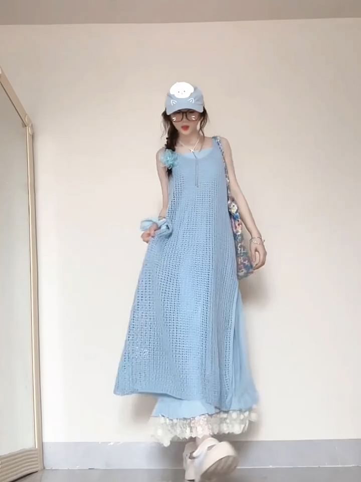 Spaghetti  Strap Lace Trim Midi A-Line Dress / Plaid Jumper Dress / Set